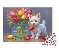 Cute Puppy with Tulips Colourful White Puppy with Tulips 1000 Pieces Jigsaws Adults Beautiful Decoration Home Activity 52x38cm/1000pcs
