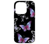 Cute Purple and Blue Butterfly Pattern Nature On Black Carcasa para iPhone 14 Pro