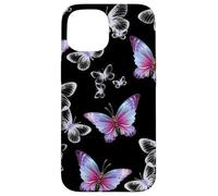 Cute Purple and Blue Butterfly Pattern Nature On Black Carcasa para iPhone 15