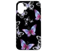 Cute Purple and Blue Butterfly Pattern Nature On Black Carcasa para iPhone 16 Plus