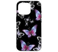 Cute Purple and Blue Butterfly Pattern Nature On Black Carcasa para iPhone 16 Pro
