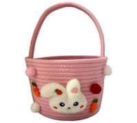 Cute Rabbit Easter Basket with Handle, Soft Durable Woven Cotton Basket, Bunny Themed Egg Hunt & Candy Storage Baskets, Lightweight Holiday Decor & Seasonal Activity Accessory (Pink, L)