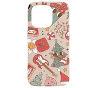 Cute Retro Christmas Pattern Tree Smiling Groovy Music Beige Carcasa para iPhone 15 Pro