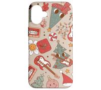 Cute Retro Christmas Pattern Tree Smiling Groovy Music Beige Carcasa para iPhone 16 Plus