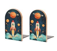 Cute Rocket Ship in The Space - Sujetalibros de madera, 2 soportes resistentes para libros, organizador de escritorio para bibliotecas de oficina en casa