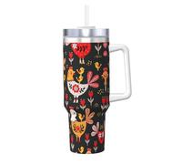 Cute Rooster Chickens Print - Vaso aislado al vacío de 1,134.0 g con asa y pajita, termo de acero inoxidable a prueba de fugas