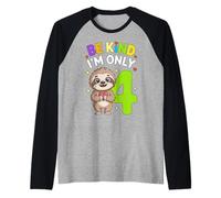 Cute Sloth I'm Only 4 Funny Fourth Birthday Camiseta Manga Raglan
