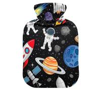 Cute Space Adventure - Botellas de agua caliente negras con funda de terciopelo, botellas de calor para calambres menstruales, alivio del dolor, tamaño mediano