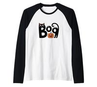 Cute Spooky Halloween Boo Black Cat with Pumpkin Camiseta Manga Raglan