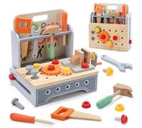 CUTE STONE Caja de Herramientas de Madera para Niños, Caja de Herramientas 2-en-1 y Maletín de Bricolaje Portátil, Juegos Montessori, Juego de Construcción de Imitación para Niños y Niñas de 3 Años en