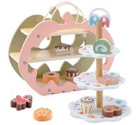 Cute STONE - Juego de té de madera para niños, juego de imitación con expositor de doble cara, magdalenas y postres, juguete de cocina para niñas y niños de 3 a 6 años