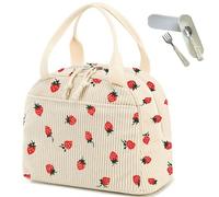 Cute Strawberry Insulated Lunch Bag for Women & Men - Reusable Corduroy Lunch Tote, Large Capacity Leakproof Cooler Bag for Work, Picnic, Travel - Aesthetic Bento Lunch Box with Front Pocket (Style B)