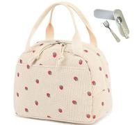 Cute Strawberry Insulated Lunch Bag for Women & Men - Reusable Corduroy Lunch Tote, Large Capacity Leakproof Cooler Bag for Work, Picnic, Travel - Aesthetic Bento Lunch Box with Front Pocket (Style G)