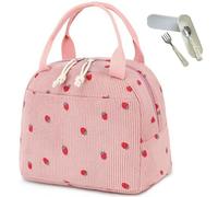 Cute Strawberry Insulated Lunch Bag for Women & Men - Reusable Corduroy Lunch Tote, Large Capacity Leakproof Cooler Bag for Work, Picnic, Travel - Aesthetic Bento Lunch Box with Front Pocket (Style H)