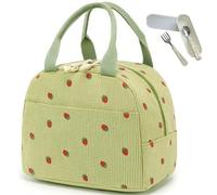 Cute Strawberry Insulated Lunch Bag for Women & Men - Reusable Corduroy Lunch Tote, Large Capacity Leakproof Cooler Bag for Work, Picnic, Travel - Aesthetic Bento Lunch Box with Front Pocket (Style D)