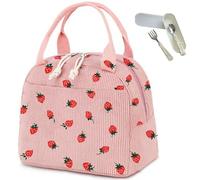 Cute Strawberry Insulated Lunch Bag for Women & Men - Reusable Corduroy Lunch Tote, Large Capacity Leakproof Cooler Bag for Work, Picnic, Travel - Aesthetic Bento Lunch Box with Front Pocket (Style C)