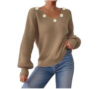 Cute Sweater for Womens Long Sleeve V Neck with Flower Decoration Tops Loose Lantern Sleeve Blouses Fashion Casual Top