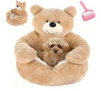 Cute Teddy Bear Dog Bed with Arms,Soft Plush Warm Non-Slip Cuddle Bear Pet Bed,Semi-Enclosed Cuddle Pet Sofa,Detachable Washable Indoor Cozy Pets Beds for Cat and Small Dogs (Khaki, M:46cm/18.1in)