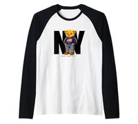 Cute Teddy Bear USA Flag, New York Style Bear Illustration Camiseta Manga Raglan