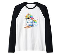 Cute Unicorn on Ski Funny Ski and Winter Sports Men Women Camiseta Manga Raglan