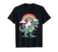 Cute Unicorn Riding T Rex Dinosaur Rainbow Clouds Camiseta