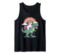 Cute Unicorn Riding T Rex Dinosaur Rainbow Clouds Camiseta sin Mangas