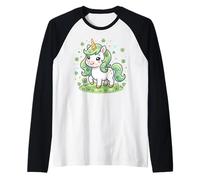 Cute Unicorn Shamrock St Patricks Day Girls Kids Lepricorn Camiseta Manga Raglan