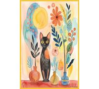 Cute Watercolor Cat Lined Notebook: Mustard Yellow Aesthetic Botanical Black Cat Journal 6x9 Inches 120 Pages Lined Notebook for Women, Girls, Cat Lovers, School & Office Supplies, Gift