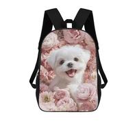 Cute White Dog Surrounded by Pink Flowers Mochila Escolar Infantil De 17 Pulgadas Con Estampado 3D, Mochila Moderna Para Niños, Mochilas De Viaje, Bolsas Para Libros, Mochila Escolar Infantil