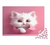 Cute White Kitten-Cartoon Fluffy Style 1000 Pieces for Adults Gifts A White Kitten in A Pink Hole Challenging & Brainteasing Home Activity 70x50cm/1000pcs