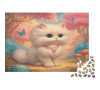 Cute White Kitten-Fantasy Cartoon Style 1000 Pieces Adult Puzzle A Fluffy White Cat with A Collar for Adults & Kids Age 12 Years + Gift 38x26cm/1000pcs