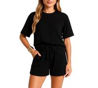 Cute Women's Soft Ribbed Knit Romper Short Sleeve Drawstring Waist Casual Loungewear Playsuit with Pockets Black Summer Vacation Outfit