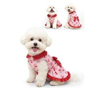 CuteBone Bonito vestido para mascotas de cerezas y margaritas con cuello de Peter Pan, patrón dulce rosa, falda sin mangas con volantes con lazo para perros pequeños, gatos, verano y uso diario