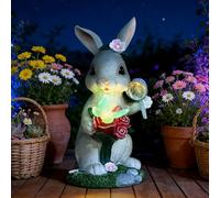 Cuteefun Conejo de Decoración Solar para Jardín Exterior, Figuras de Animales con Luz Solar, Estatua de Conejo Cazando Mariposas para Jardín, Decoración del Hogar y Regalo de Inauguración