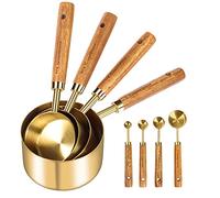 Cuteefun Cucharas y Tazas Medidoras, 8 Piezas, Mango De Madera, con Medidas MéTricas y Estadounidenses, Acero Inoxidable, Acabado Oro Pulido, Medidora Seca y Líquida, para Cocinar Hornear
