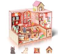 Cuteefun DIY Casa en Miniatura, Miniaturas Maquetas Kit de Madera con LED, Estructura de Ensamblaje con Espigas, Fácil de Montar, Regalo para Cumpleaños, Navidad y Halloween (Casita para Gatos)