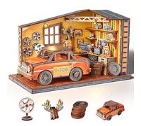 Cuteefun DIY Casa en Miniatura, Miniaturas Maquetas Kit de Madera con LED, Estructura de Ensamblaje con Espigas, Fácil de Montar, Regalo para Cumpleaños, Navidad y Halloween (Taller de Automóviles)