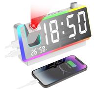 Cuteefun Reloj Proyector Techo, 7 Pulgadas Despertador Digital, Luz Nocturna RGB De 8 Modos, Proyector De 180 °, Doble Alarma, Puerto USB Doble, Temperatura y Humedad, 3 Niveles de Brillos, Blanco