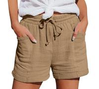 CUTeFiorino Pantalones cortos informales de cintura alta para mujer, de pierna recta, pantalones cortos informales, holgados, caqui, L