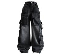 CUTeFiorino Pantalones vaqueros para niñas rotos y descoloridos, holgados, de pierna ancha, pantalones de mezclilla casuales, talla 5 - 16, Negro , 7-8 años