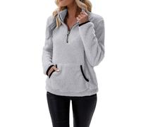 CUTeFiorino Sudadera de forro polar para mujer, de invierno, cuello alto, sin capucha, monocolor, sudadera de manga larga con bolsillos, parte superior con media cremallera, camiseta de manga larga,