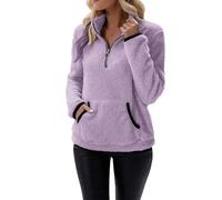 CUTeFiorino Sudadera de forro polar para mujer, de invierno, cuello alto, sin capucha, monocolor, sudadera de manga larga con bolsillos, parte superior con media cremallera, camiseta de manga larga,