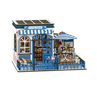 Cutefun - Cabaña con soporte para libros con luz LED, modelo de cabaña en miniatura de madera 3D, para manualidades creativas, rincón de libros, regalo para adultos aficionados (Santorini Sunshine