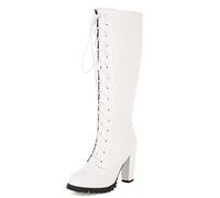 CUTEHEELS Botas altas con cordones para mujer con cremallera lateral y tacón de bloque para citas/utilidad, Blanco, 38 EU