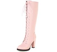 CUTEHEELS Botas altas con cordones para mujer con cremallera lateral y tacón de bloque para citas/utilidad, Rosa., 40 EU