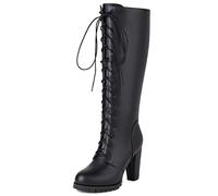 CUTEHEELS Botas altas con cordones para mujer con cremallera lateral y tacón de bloque para citas/utilidad, Negro , 37 EU