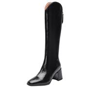 CUTEHEELS Botas altas de piel de vaca para mujer con puntera cuadrada y cremalleras traseras y tacones gruesos - 2 tipos de circunferencia de caña, Negro Eje Ancho, 40 EU
