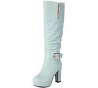 CUTEHEELS Botas altas hasta la rodilla de dos estilos, elegantes botas de mujer para fiestas y uso diario, tacón de bloque de 9,5 cm, forro cálido, azul, 40 EU