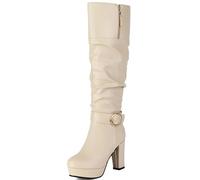 CUTEHEELS Botas altas hasta la rodilla de dos estilos, elegantes botas de mujer para fiestas y uso diario, tacón de bloque de 9,5 cm, forro cálido, beige, 34 EU