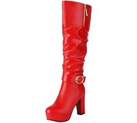 CUTEHEELS Botas altas hasta la rodilla de dos estilos, elegantes botas de mujer para fiestas y uso diario, tacón de bloque de 9,5 cm, forro cálido, rojo, 43 EU